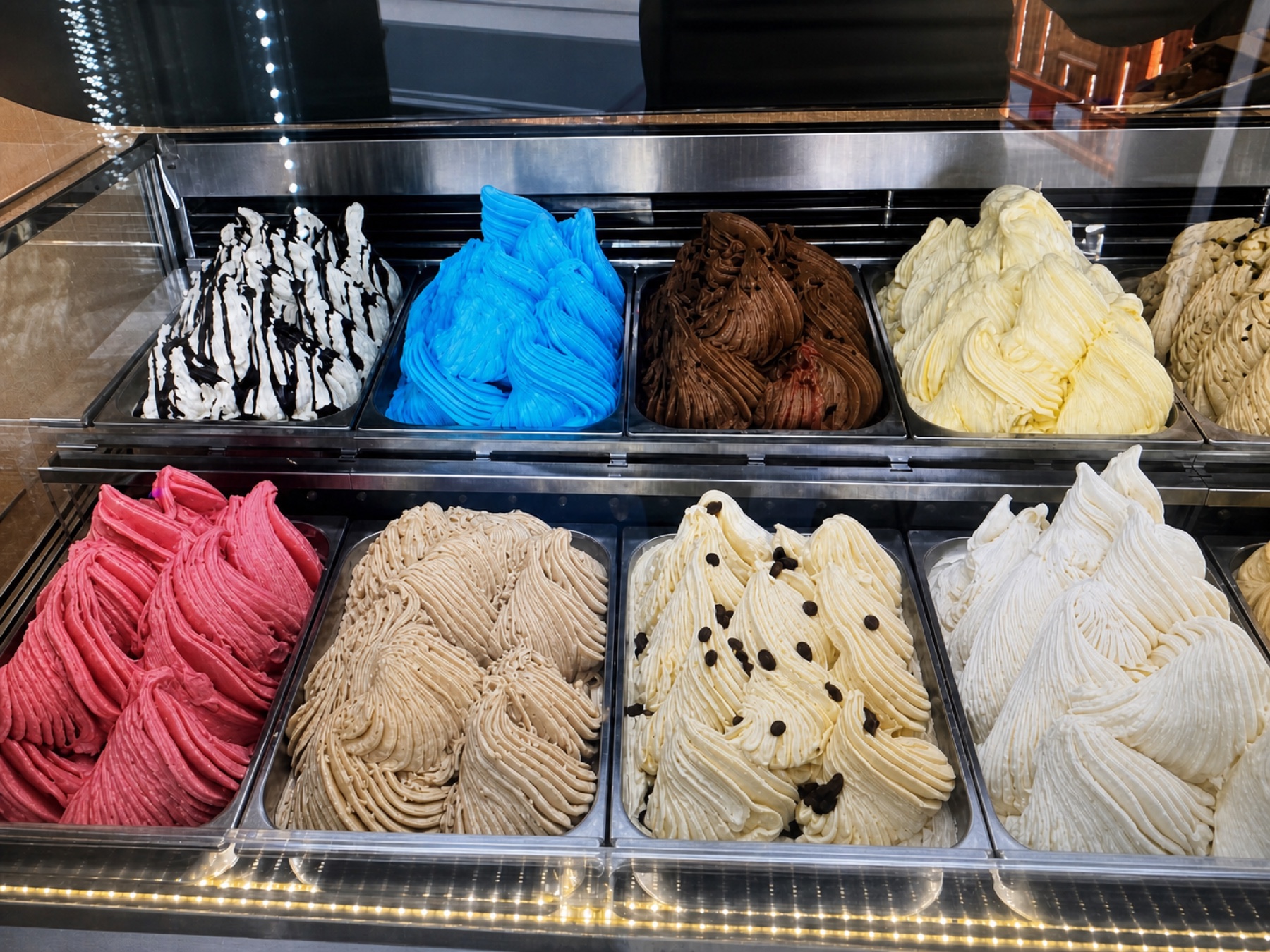 Assortiment coloré de glaces en vitrine, vue dégagée
